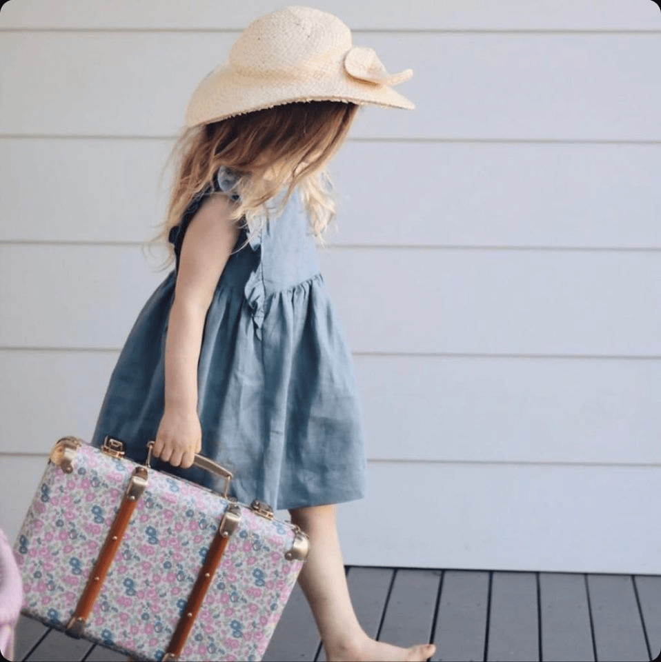 Child Holding A Vintage Style Floral Suitcase