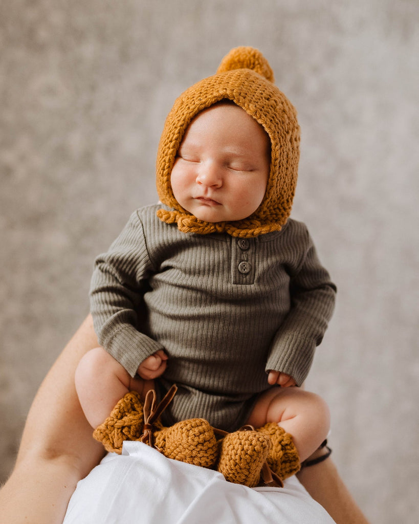 Bronze Merino Wool Baby Bonnet & Booties Set - Petit Luxe Bebe
