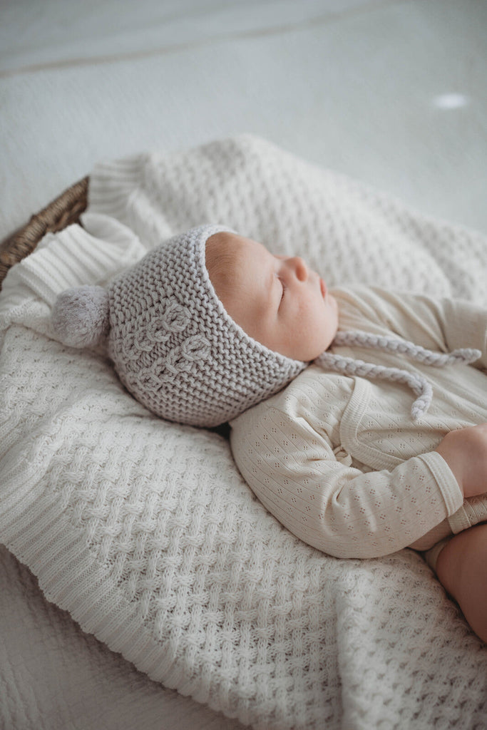 Grey Merino Wool Baby Bonnet & Booties Set - Petit Luxe Bebe
