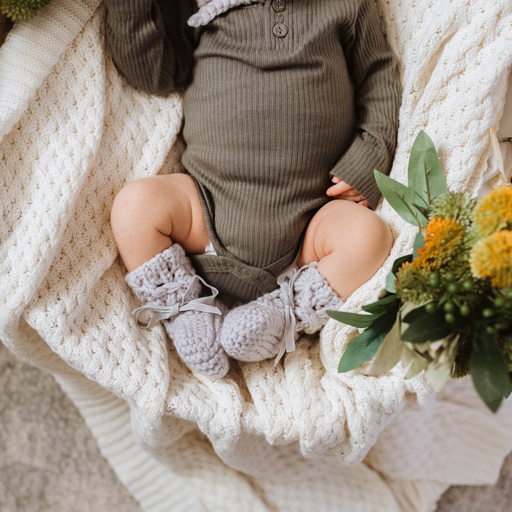 Grey Merino Wool Baby Bonnet & Booties Set - Petit Luxe Bebe
