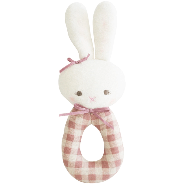Alimrose Bunny Baby Grab Rattle Rose Check Petit Luxe Bebe