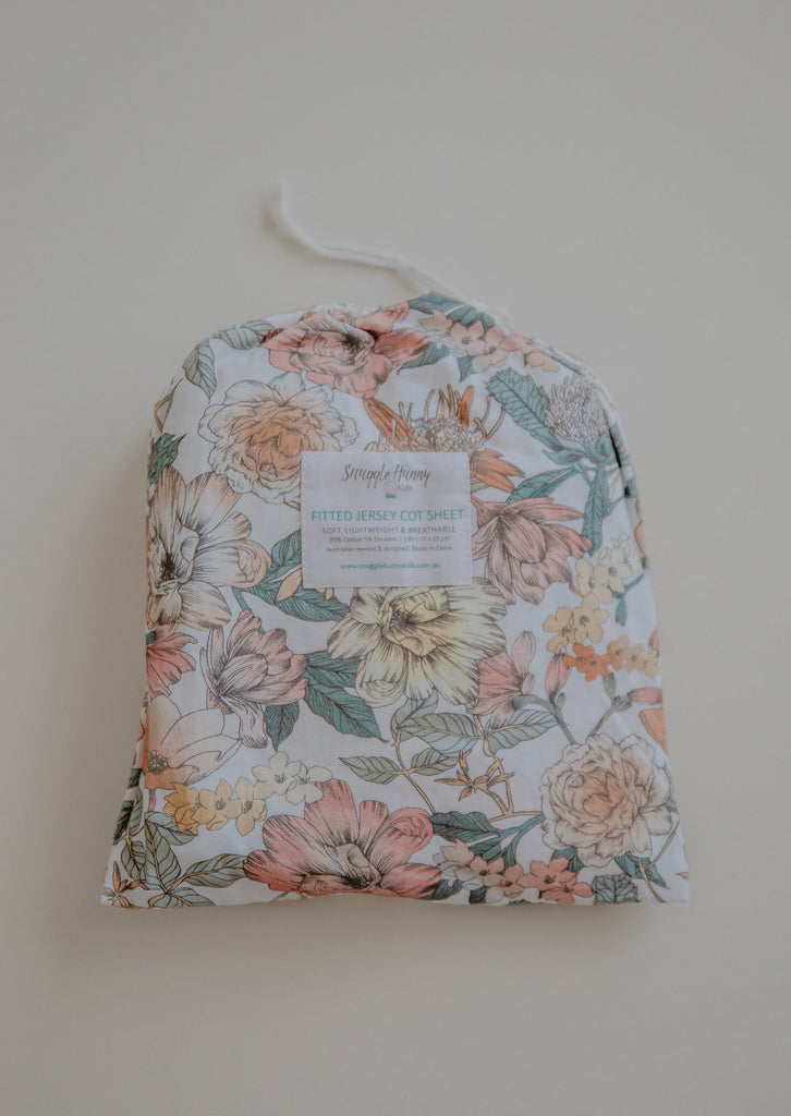 Australiana Floral Jersey Cotton Fitted Cot Sheet - Petit Luxe Bebe