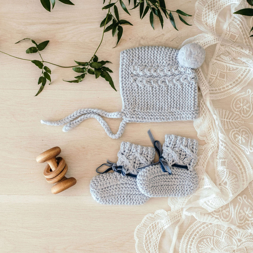 Blue Merino Wool Baby Bonnet & Booties Set - Petit Luxe Bebe