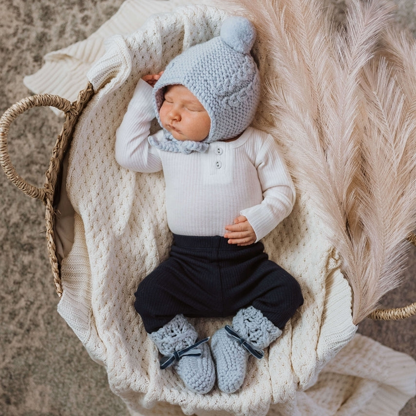 Blue Merino Wool Baby Bonnet & Booties Set - Petit Luxe Bebe
