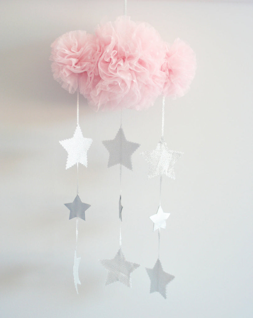 Tulle Cloud & Stars Mobile - Pale Pink & Silver - Petit Luxe Bebe