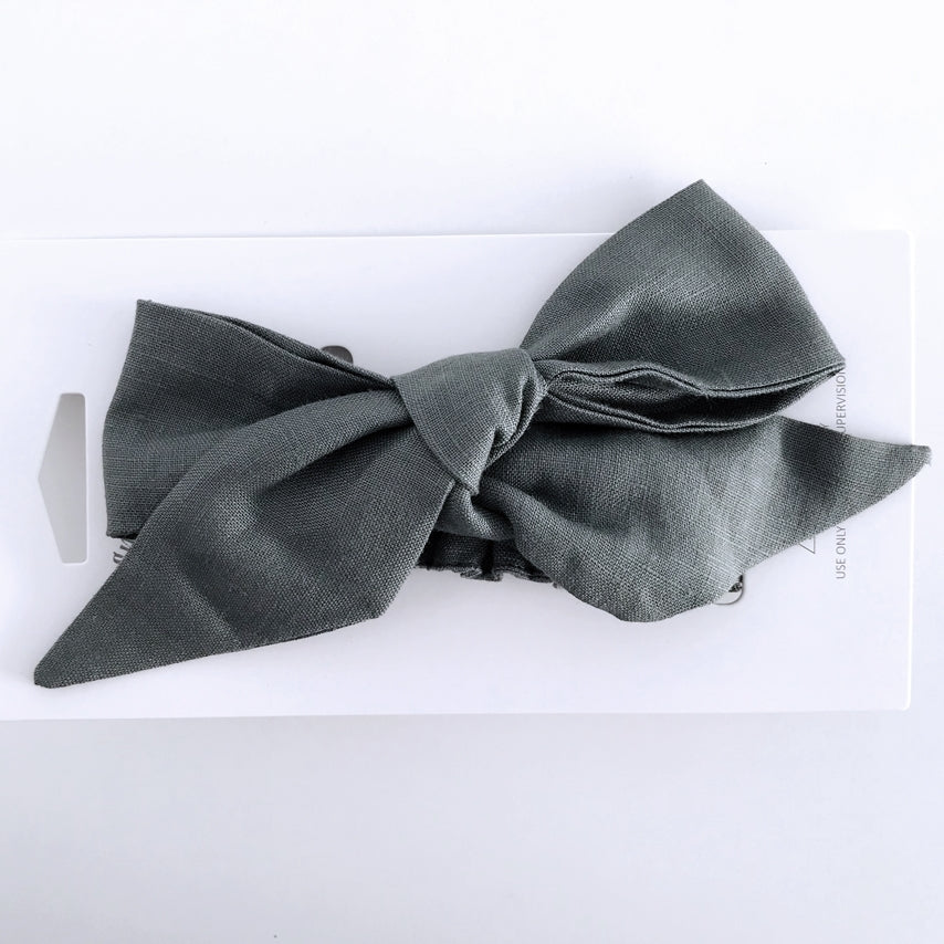 Olive Linen Pre Tied Bow Headband Wrap - Petit Luxe Bebe