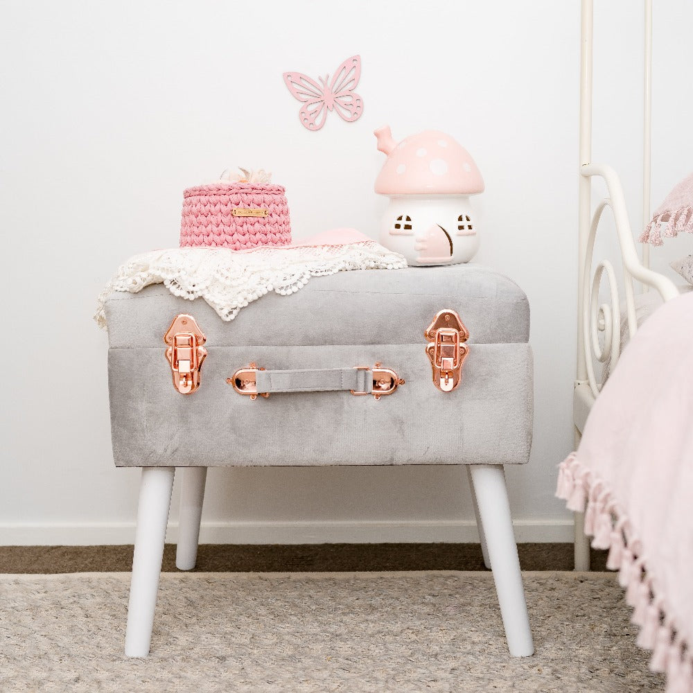 Luxe Velvet Storage Stool - Soft Grey | Baby Nursery Storage Box