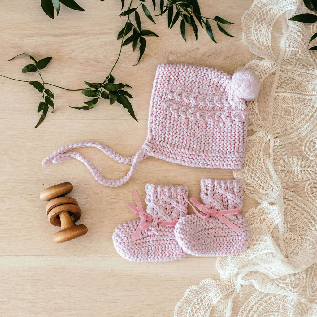 Pink Merino Wool Baby Bonnet & Booties Set - Petit Luxe Bebe