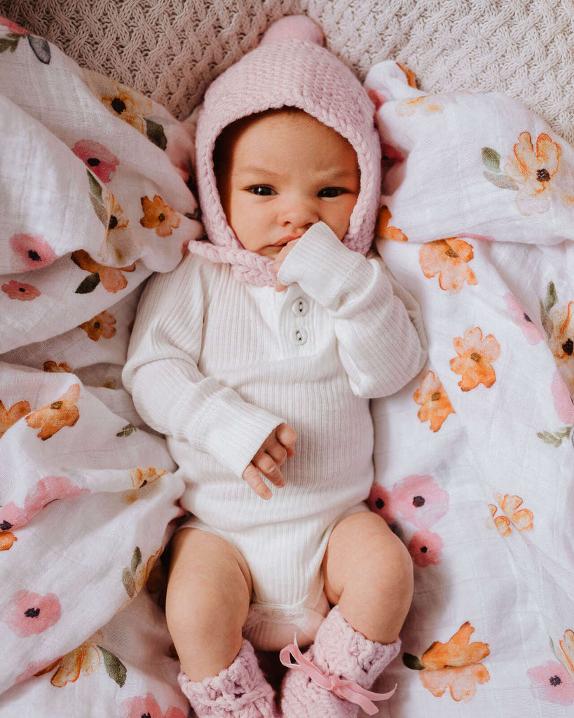 Pink Merino Wool Baby Bonnet & Booties Set - Petit Luxe Bebe