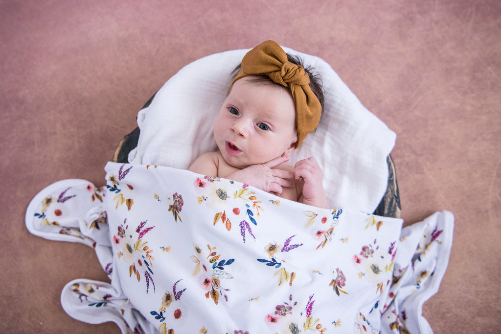 Boho Posy Jersey Baby Wrap & Topknot Set - Petit Luxe Bebe