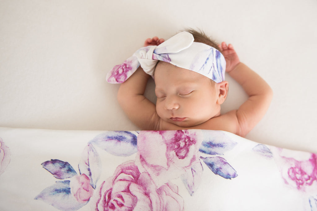 Lilac Skies Baby Jersery Wrap & Top Knot Headband Set - Petit Luxe Bebe